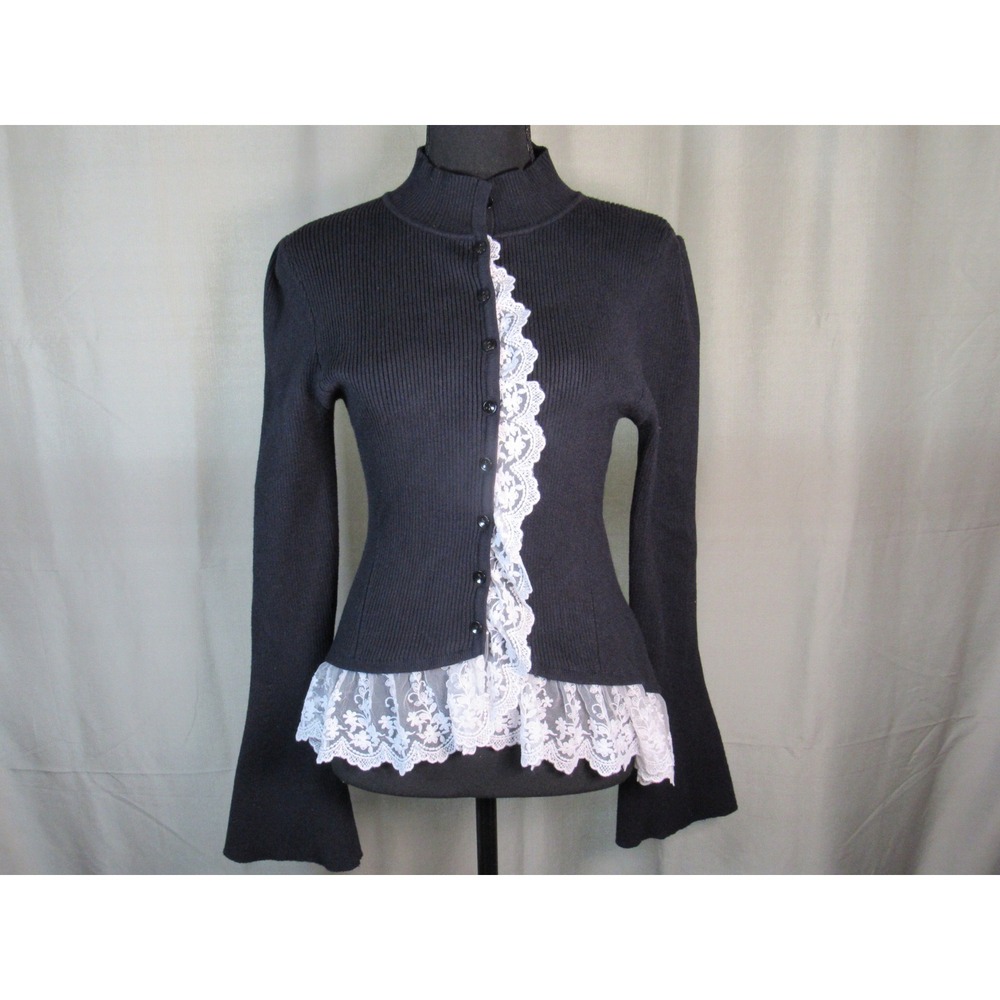 Commense Black Ribbed Lace Trim Cardigan Mock Neck Bell Sleeve Large